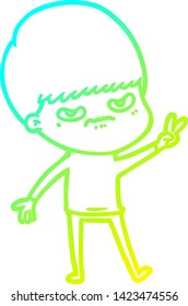 cold gradient line drawing of a annoyed cartoon boy
