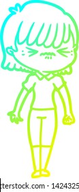 desenho de linha de gradiente frio de uma menina de desenho animado irritado