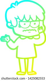 cold gradient line drawing of a annoyed cartoon boy