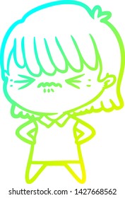cold gradient line drawing of a annoyed cartoon girl