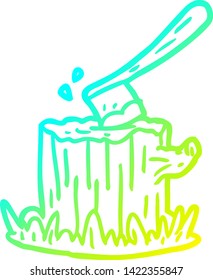 cold gradient line drawing of a axe stuck in tree stump