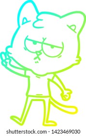 dibujo de línea de degradado frío de un gato de dibujos animados aburrido