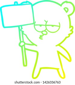 cold gradient line drawing of a bored polar bear cartoon with sign 