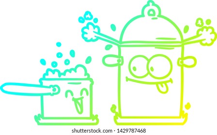 cold gradient line drawing of a bubbling pans cartoon