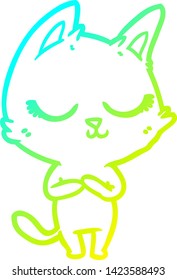 dibujo de línea de degradado frío de un gato de dibujos animados calmado