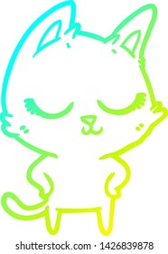 desenho de linha de gradiente frio de um gato de desenho animado calmo