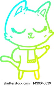 cold gradient line drawing of a calm cartoon cat wearing scarf
