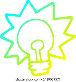 dibujo de línea de gradiente frío de una bombilla luminosa brillante de dibujos animados