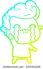 dibujo de una línea de degradado frío de un hombre de dibujos animados llorando