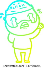 dibujo de línea de gradiente frío de un hombre barbudo de caricatura llorando