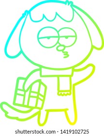 cold gradient line drawing of a cartoon bored dog with christmas present