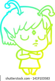 cold gradient line drawing of a cartoon alien girl