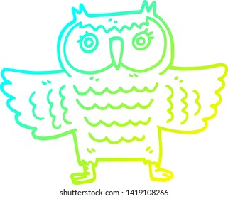 cold gradient line drawing of a cartoon owl with flapping wings