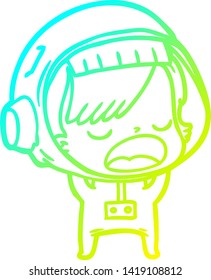 cold gradient line drawing of a cartoon talking astronaut woman