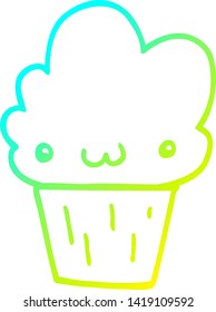 cold gradient line drawing of a cartoon cupcake with face
