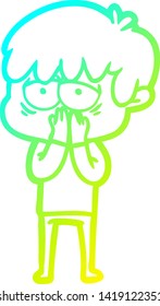 cold gradient line drawing of a cartoon exhausted boy