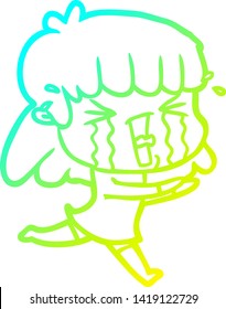 cold gradient line drawing of a cartoon woman in tears