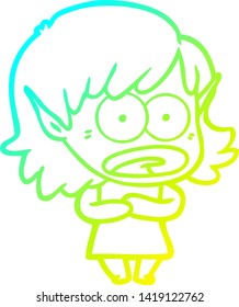 cold gradient line drawing of a cartoon shocked elf girl