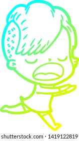 cold gradient line drawing of a cartoon cool hipster girl talking