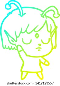 cold gradient line drawing of a cartoon alien girl