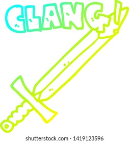 cold gradient line drawing of a cartoon clanging sword