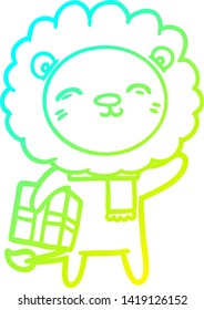 cold gradient line drawing of a cartoon lion with christmas present