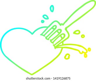 cold gradient line drawing of a cartoon love heart stuck with fork