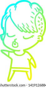 cold gradient line drawing of a cartoon pretty hipster girl