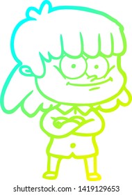 cold gradient line drawing of a cartoon smiling woman