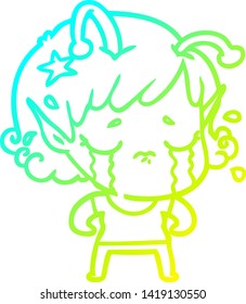 cold gradient line drawing of a cartoon crying alien girl