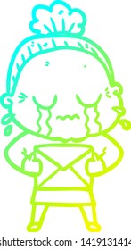 cold gradient line drawing of a cartoon old woman crying with letter