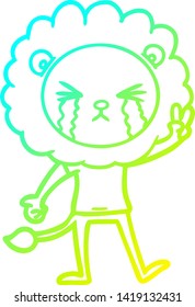 cold gradient line drawing of a cartoon crying lion giving peace sign