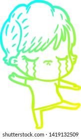 cold gradient line drawing of a cartoon woman crying