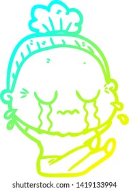 cold gradient line drawing of a cartoon crying old lady