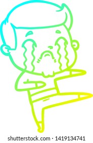 dibujo de una línea de degradado frío de un hombre de dibujos animados llorando