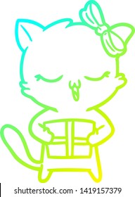 cold gradient line drawing of a cartoon girl cat with christmas present