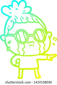 cold gradient line drawing of a cartoon crying woman wearing spectacles