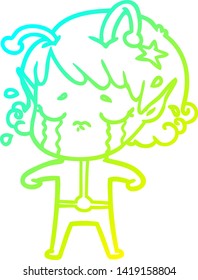 dibujo en línea de gradiente frío de una chica alienígena llorando