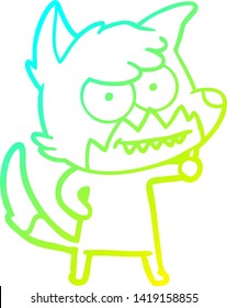 cold gradient line drawing of a cartoon grinning fox