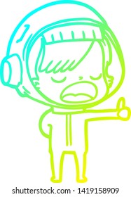 cold gradient line drawing of a cartoon astronaut woman explaining