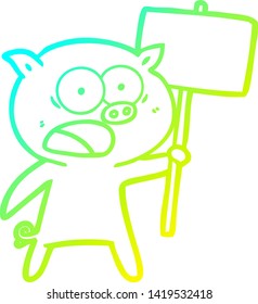 cold gradient line drawing of a cartoon pig protesting
