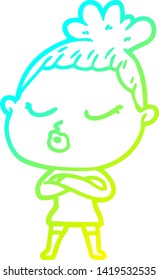 kalte Farbverlauf-Linie Zeichnung einer Cartoon ruhigen Frau