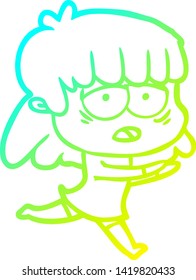 cold gradient line drawing of a cartoon tired woman