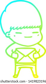cold gradient line drawing of a cartoon smug boy carrying present