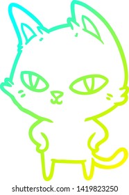 cold gradient line drawing of a cartoon cat with bright eyes