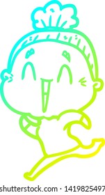 cold gradient line drawing of a cartoon happy old lady