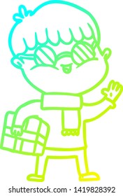 cold gradient line drawing of a cartoon boy wearing spectacles carrying gift