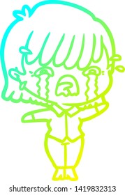 dibujo en línea de gradiente frío de una niña de dibujos animados llorando