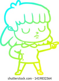 cold gradient line drawing of a cartoon indifferent woman accusing