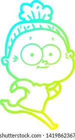 cold gradient line drawing of a cartoon happy old woman